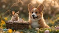 Adorable corgi puppy with baby rabbit sitting in the basket with eggs, in the spring garden