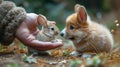 Adorable corgi puppy looking and sniffing a baby rabbit in human\'s hand