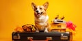 Adorable corgi sits atop suitcases, ready for adventure. generative
