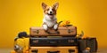 Adorable corgi sits atop suitcases a vibrant orange backdrop. AI generative