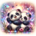 Adorable couple of fluffy panda in dynamic cute pose, with flower, bamboo stick, love scene, dreamy, cartoon, sparkles