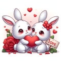 An adorable couple of funny rabbit in love, hugging a heart in cute face, romantic scene with red rose flower, love sign, cartoon