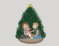 adorable couple messing around with a cute corgi dog with a red bow around his neck, sitting together near the christmas tree at