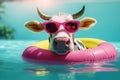 Adorable cow relaxing on an inflatable pool float in a swimming pool. Generative AI Royalty Free Stock Photo