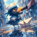 Adorable Crow Sails on Paper Boat Adventure