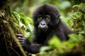 Adorable cub of a mountain gorilla playing in the forest. Cute portrait. Amazing African Wildlife. Generative Ai