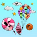 Adorable cupcake holding balloons and flying in the sky.