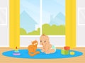 Adorable Curious Baby Playing with Cat in Nursery Room Vector Illustration