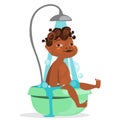 Adorable, cute baby in the bath with bubbles under the shower, water flow