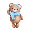 Adorable cute baby girl teddy bear in blue scarf and bow illustration.Watercolor animal clipart