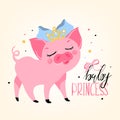 Adorable, cute, cartoon, flat bright pink piggy pig baby princess