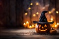 Adorable Cute Carved Pumpkin Halloween Witch Hat Autumn Background