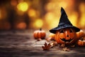 Adorable Cute Carved Pumpkin Halloween Witch Hat Autumn Background