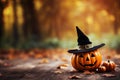 Adorable Cute Carved Pumpkin Halloween Witch Hat Autumn Background