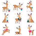 Adorable Cute Christmas Fawns Set, Merry Xmas and New Year, Happy Winter Holidays Concept Cartoon Style Vector