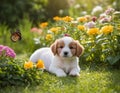 Adorable Cute Corgi puppy in Garden with flowers and greener Grass, Generative AI Royalty Free Stock Photo