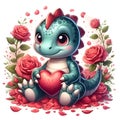 An adorable and cute dinosaur sit and hold heart, bathed in rose petals and love sign, flower, cartoon style, animal art