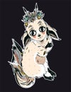 Adorable cute forest baby fox spirit cub - wild monster Kitsune with many tails.