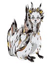 Adorable cute forest fox spirit - wild monster Kitsune with many tails.