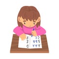 Adorable Cute Girl Learning to Write, Elementary School Student Making Homework Cartoon Vector Illustration
