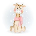 Adorable cute kawaii baby giraffe watercolor illustration