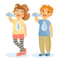 Adorable, cute kids, girl and boy drinking water from bottles