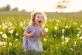 Adorable cute little baby girl blowing on a dandelion flower on the nature in the summer. Happy healthy beautiful Royalty Free Stock Photo