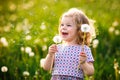 Adorable cute little baby girl blowing on a dandelion flower on the nature in the summer. Happy healthy beautiful Royalty Free Stock Photo