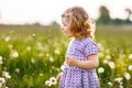 Adorable cute little baby girl blowing on a dandelion flower on the nature in the summer. Happy healthy beautiful Royalty Free Stock Photo