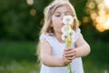 Adorable cute little preschool girl blowing on a dandelion flower on the nature in the summer. Happy healthy beautiful Royalty Free Stock Photo