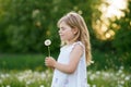 Adorable cute little preschool girl blowing on a dandelion flower on the nature in the summer. Happy healthy beautiful Royalty Free Stock Photo