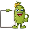 Cute childish pickle cartoon character holding a big blank sign Royalty Free Stock Photo