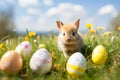 Adorable Cute Rabbit with Colorful Easter Eggs on Lush Green Grass in Spring, Blurred Background Royalty Free Stock Photo