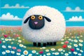 Adorable cute sheep illustration colourful field of flowers Royalty Free Stock Photo