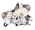 Adorable cute sleeping baby forest fox spirits - wild monster Kitsune.