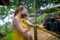 Adorable cute toddler girl with mother feeding goat on a kids farm. Beautiful baby child petting animals in the zoo. Excited and Royalty Free Stock Photo
