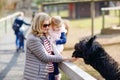 Adorable cute toddler girl and young mother feeding lama and alpaca on a kids farm. Beautiful baby child petting animals Royalty Free Stock Photo