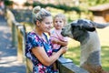 Adorable cute toddler girl and young mother feeding little goats and sheeps on kids farm. Beautiful baby child petting Royalty Free Stock Photo