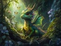 adorable cutest dragon kid posing at wooden log. . AI generated