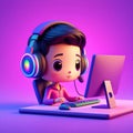 Adorable 3D cartoon character with glowing headphones actively engaged with a computer keyboard and mouse on a vibrant pink and Royalty Free Stock Photo