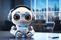Adorable 3D rendered robot in headset provides automated customer service concept