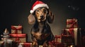 Adorable Dachshund Striking a Pose with Christmas Gifts and Santa's hat Royalty Free Stock Photo