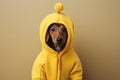 adorable dachshund puppy dressed in funny banana Halloween costume. AI Generated