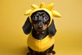 adorable dachshund puppy dressed in funny banana Halloween costume. AI Generated