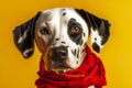 Adorable Dalmatian dog with red scarf in front of yellow background.