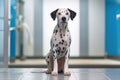 Adorable Dalmatian dog sitting at animal clinic
