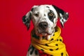 Adorable Dalmatian dog with yellow scarf in front of red background.