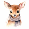 Adorable deer with scarf, at snow, light winter tones, white background Royalty Free Stock Photo