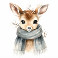 Adorable deer with scarf, at snow, light winter tones, white background Royalty Free Stock Photo