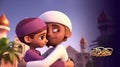 Adorable Disney Style Avatar of Muslim Boys Wishing Each Other. Generative AI